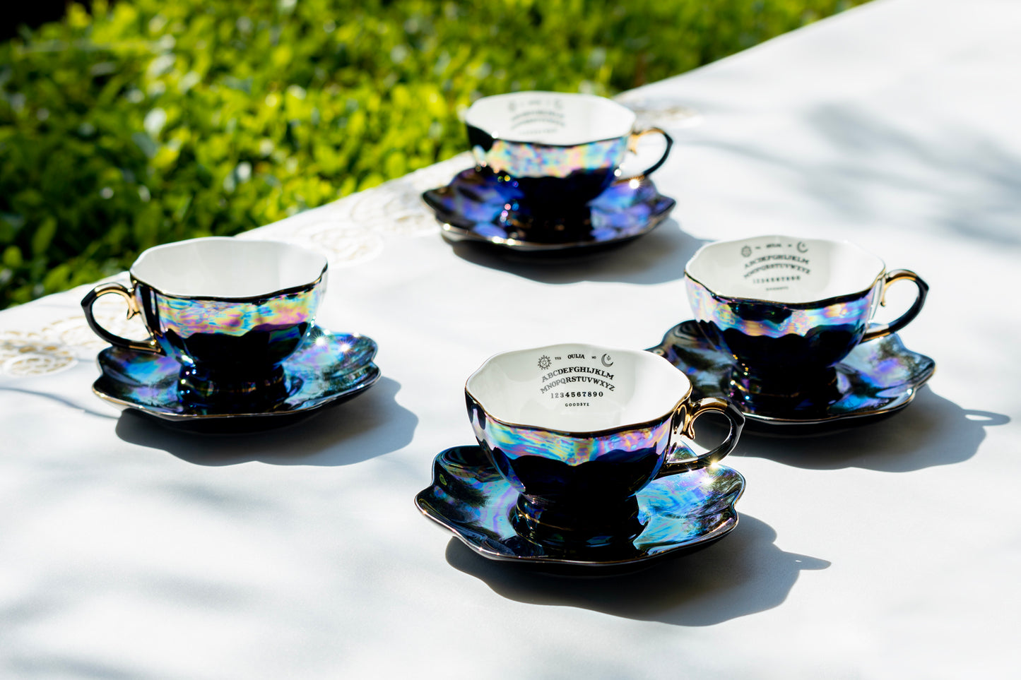 Grace Teaware Ouija Board Black Gold Luster Fine Porcelain Tea Cup and Saucer set of 4