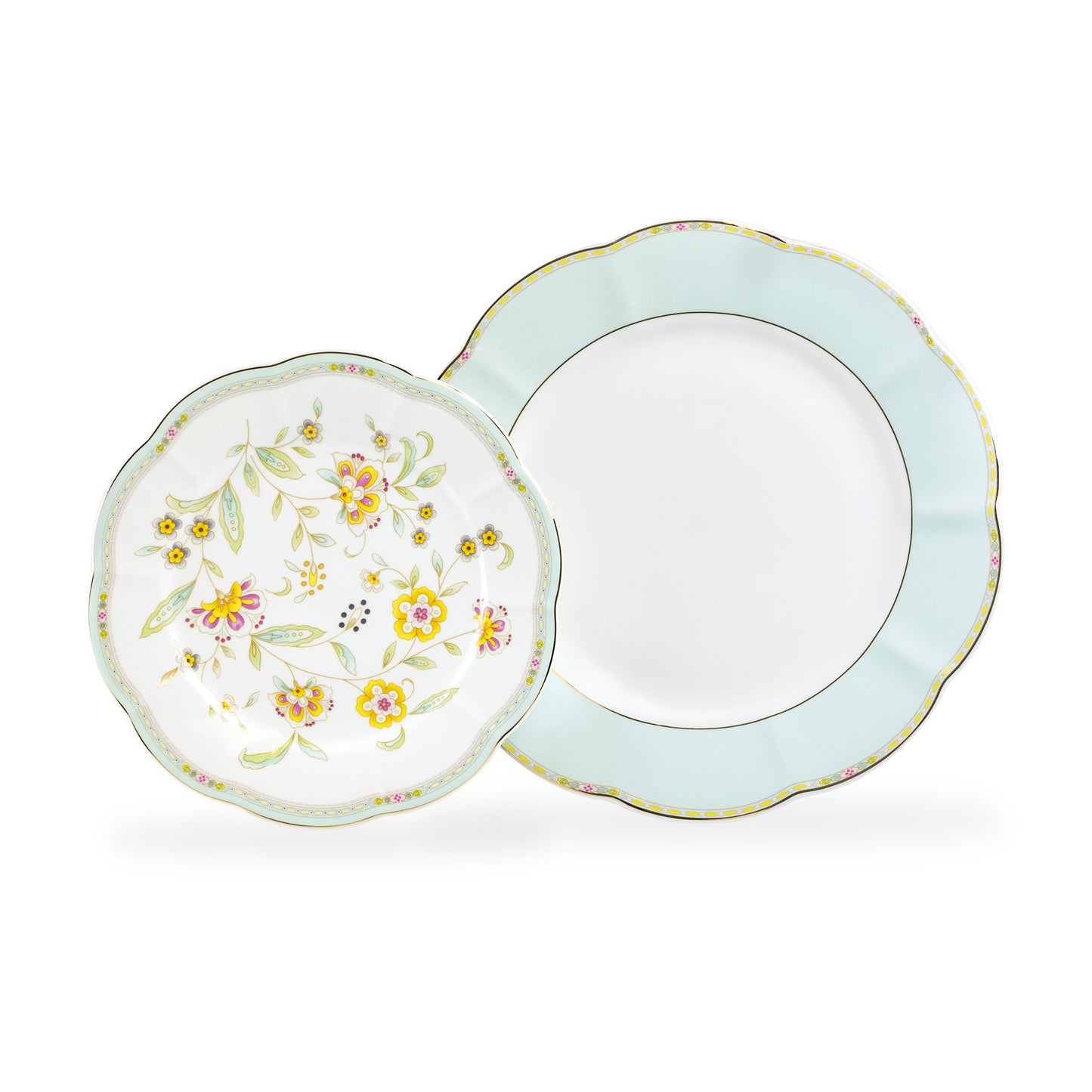 Yellow Corn Flowers with Mint Rim Fine Porcelain Dessert / Dinner Plate