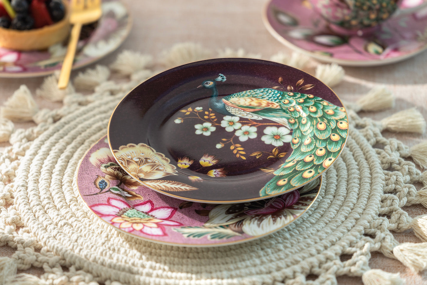 Peacock Lotus Garden Pink Fine Porcelain Dessert Plate