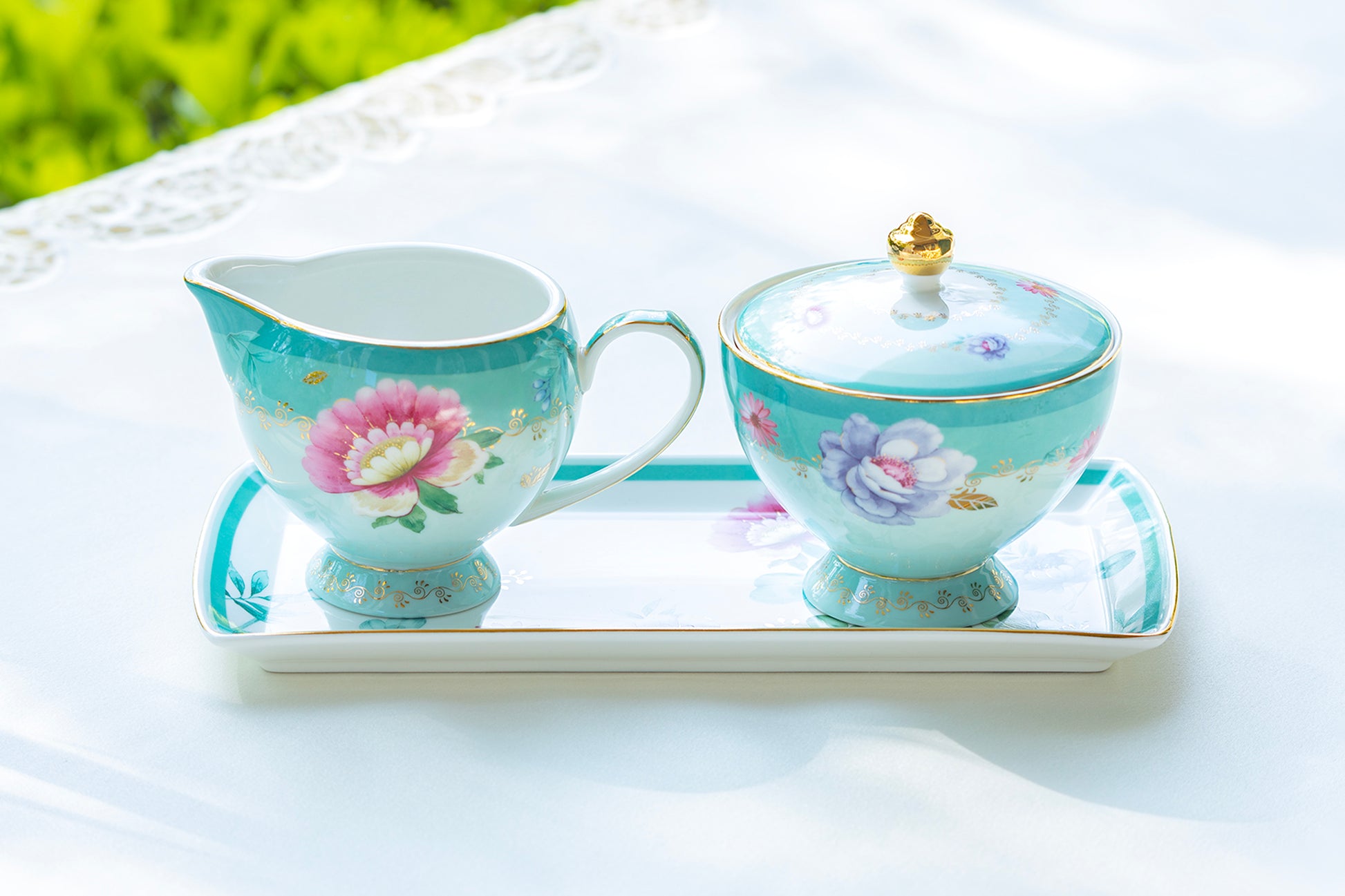 Grace Teaware Mint Floral Garden Fine Porcelain Sugar Creamer & Serving Tray Set