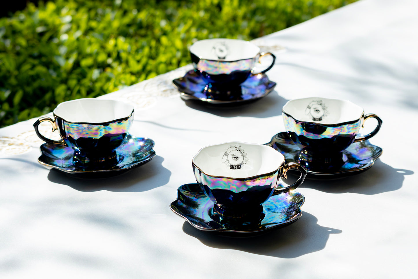 Grace Teaware Witchy Crystal Ball Black Gold Luster Tea Cup and Saucer set of 4