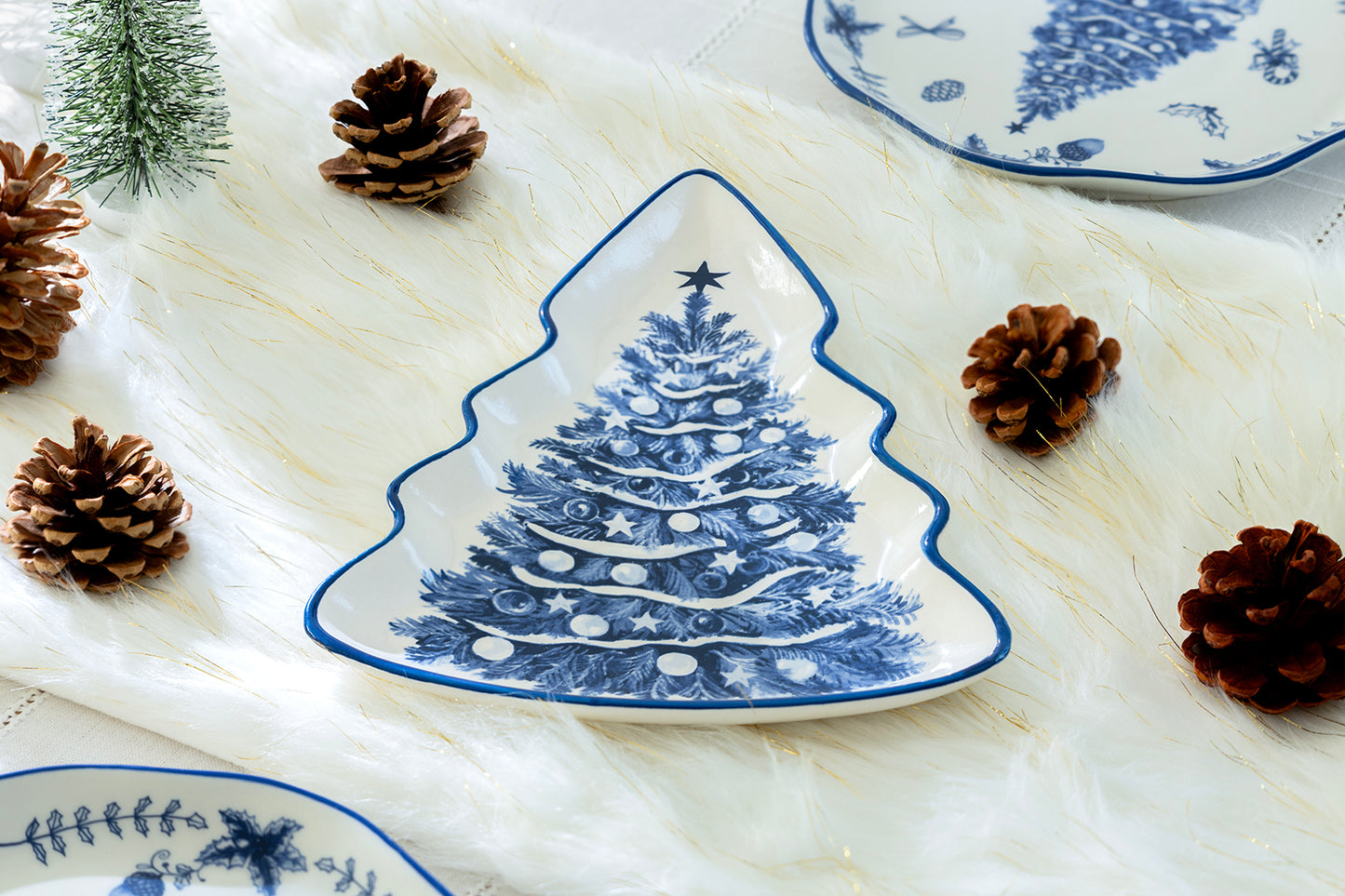 Blue Holly Christmas Tree Serving Tray