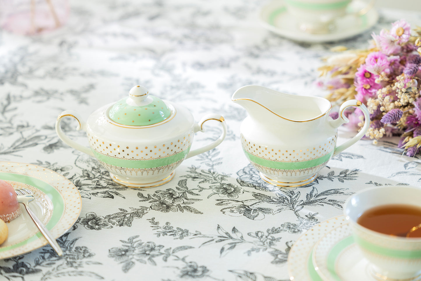 Mint Green Stripe with Gold Dots Fine Porcelain Sugar & Creamer Set