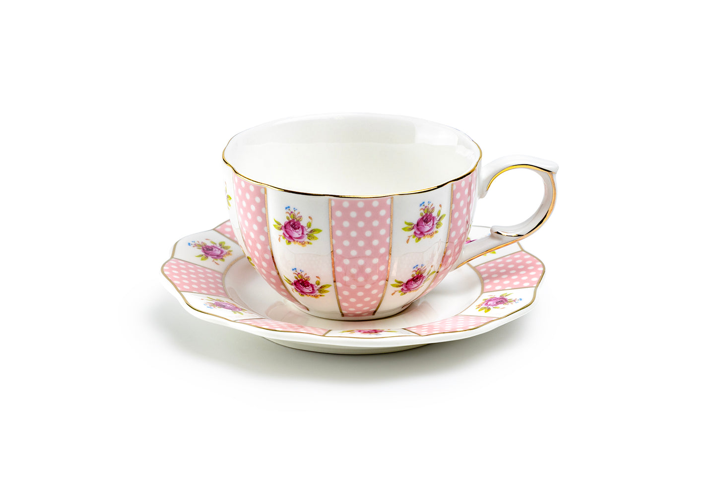 Pink Polka Dot Rosebud Scallop Fine Porcelain Tea Cup and Saucer
