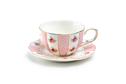Pink Polka Dot Rosebud Scallop Fine Porcelain Tea Cup and Saucer