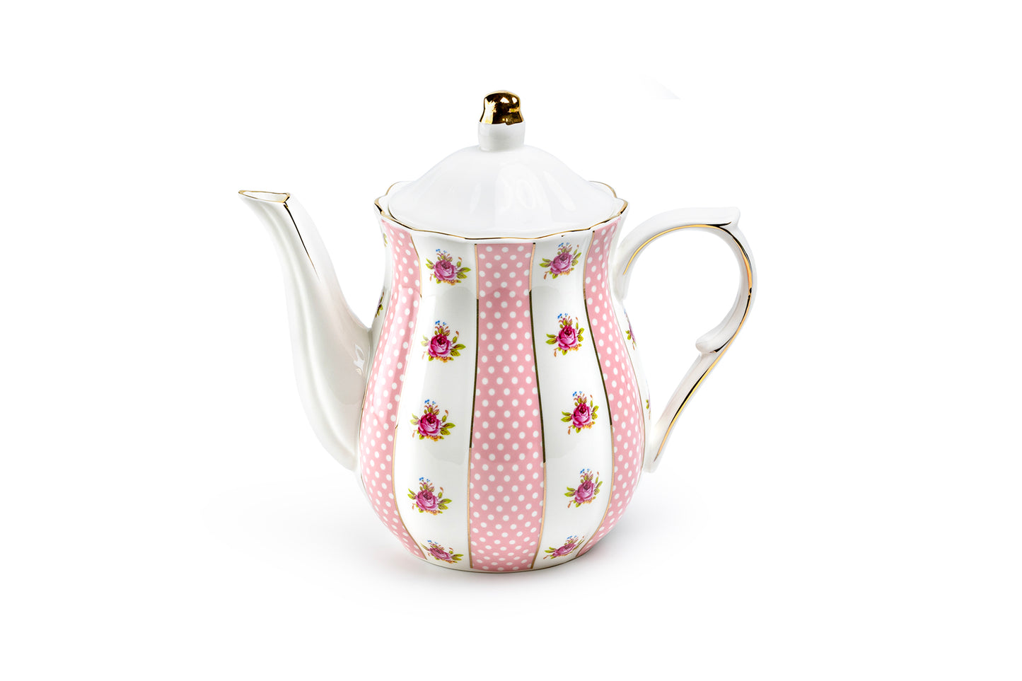 Pink Polka Dot Rosebud Scallop Fine Porcelain Teapot