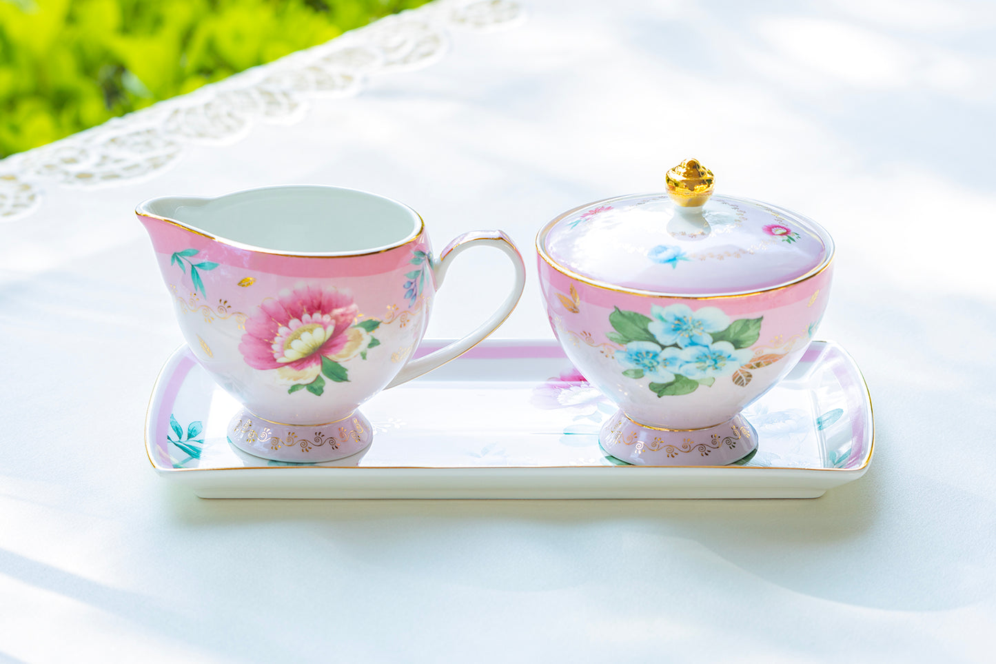 Grace Teaware Pink Floral Garden Fine Porcelain Sugar Creamer & Serving Tray Set