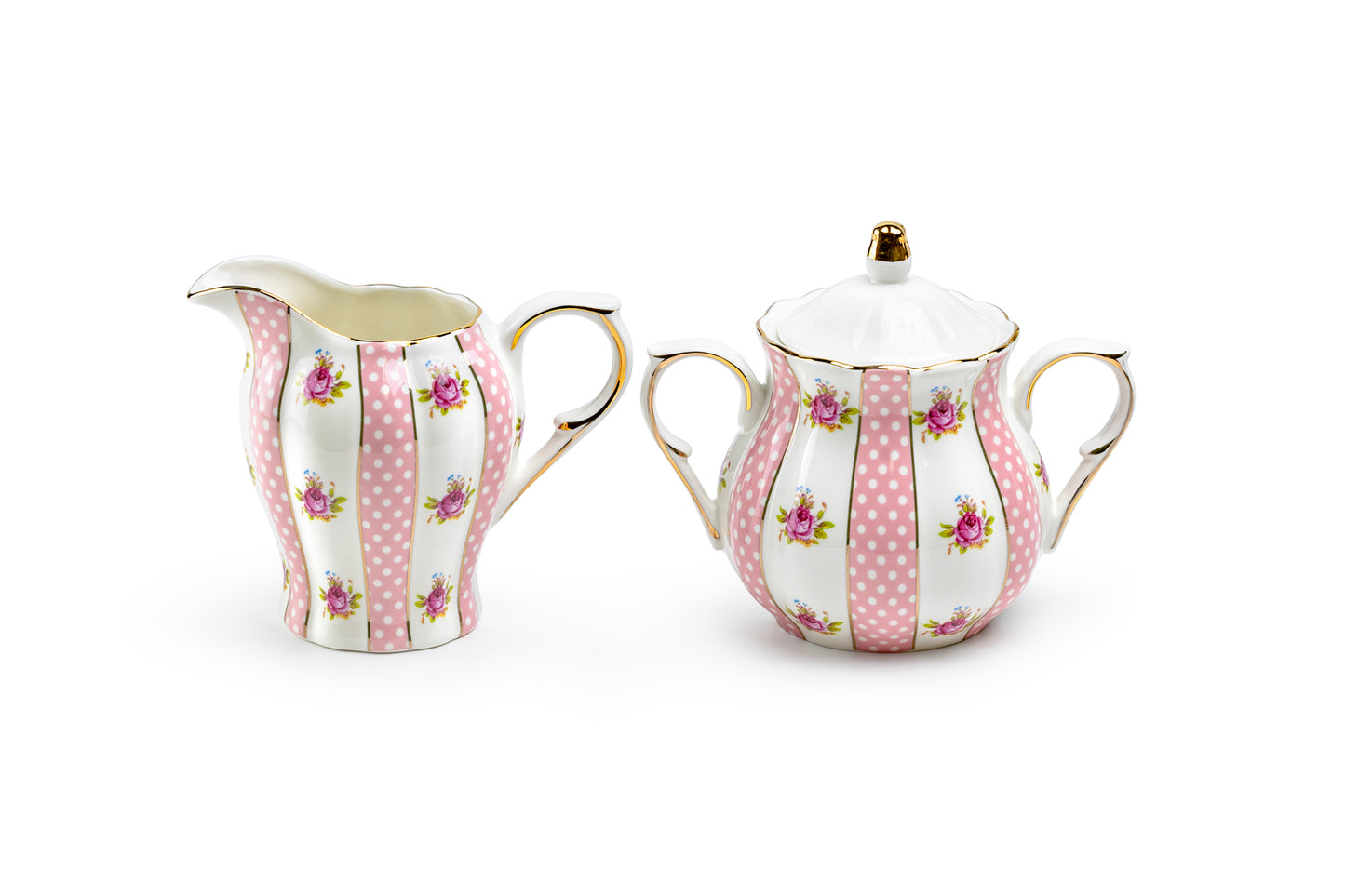 Pink Polka Dot Rosebud Scallop Fine Porcelain Sugar & Creamer Set