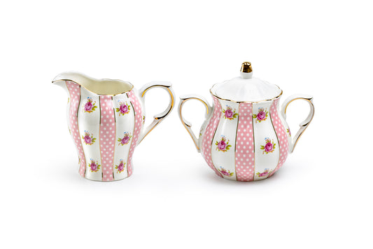 Pink Polka Dot Rosebud Scallop Fine Porcelain Sugar & Creamer Set