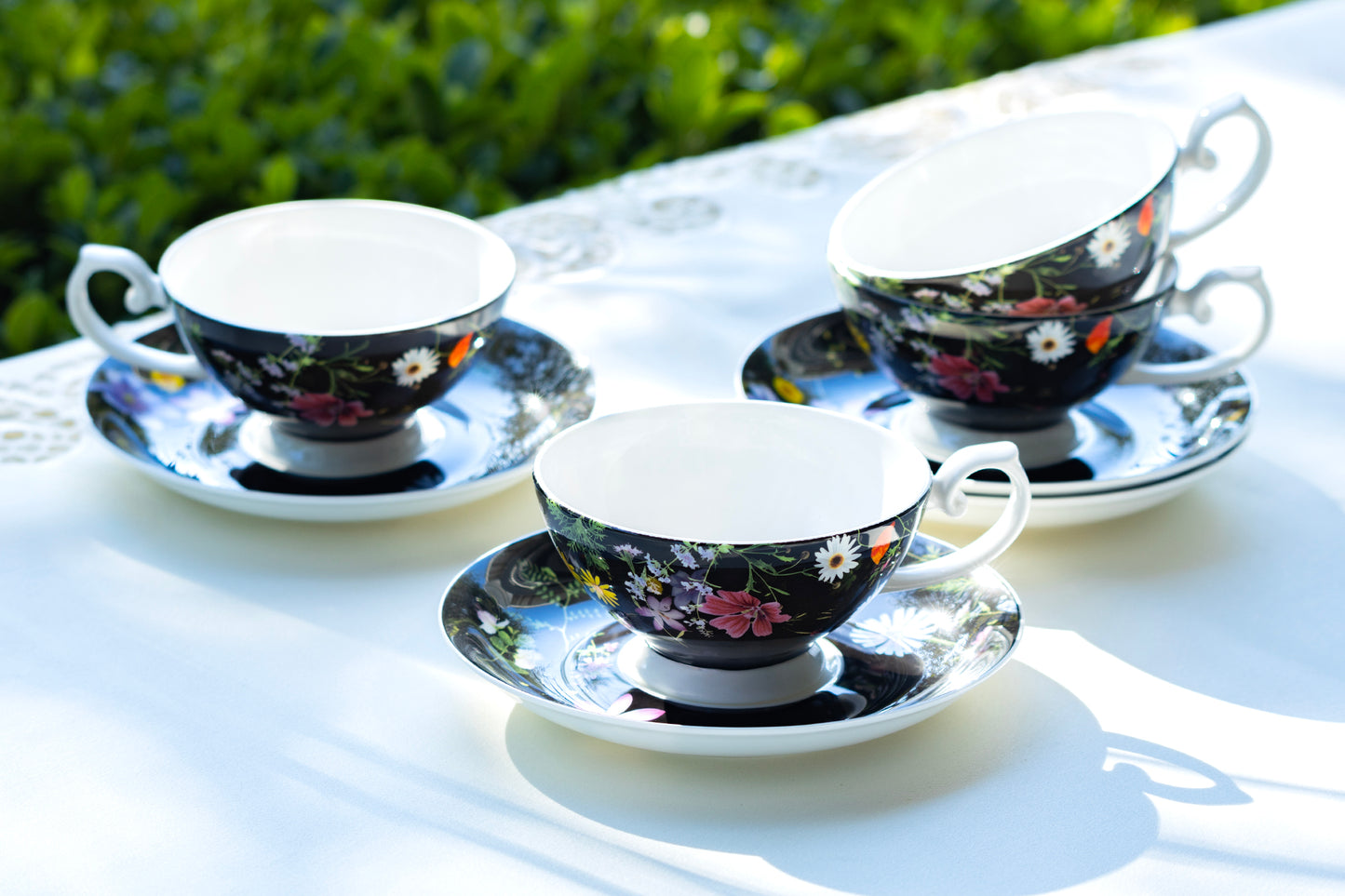 Stechcol Gracie Bone China Summer Meadow Black Bone China Cup and Saucer set of 4