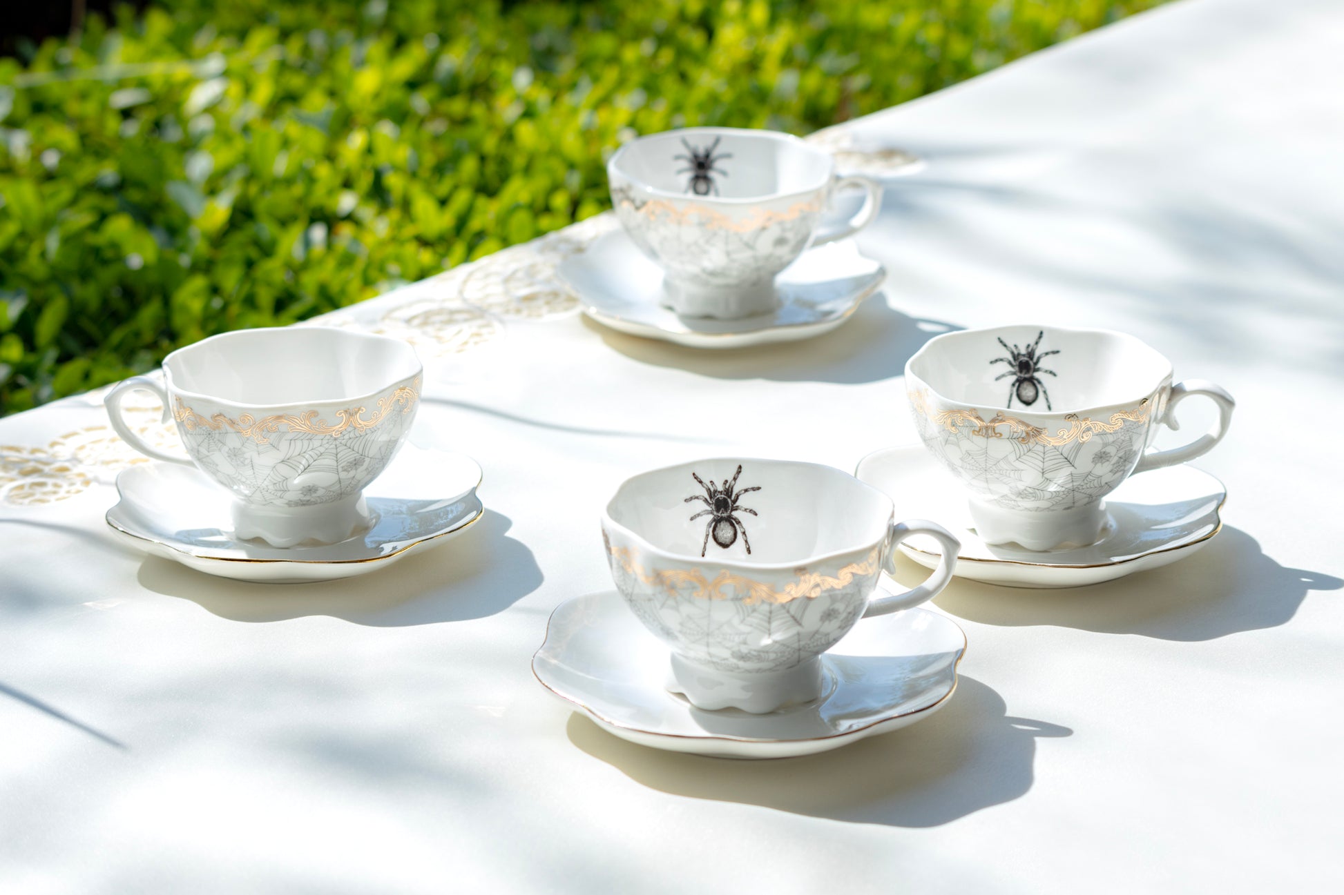 Grace Teaware Halloween Spider Web White Gold Scallop Fine Porcelain Tea Cup and Saucer set of 4