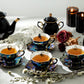 Grace Teaware Assorted Black Gold Luster Tea Cups and Saucers 11-Piece Tea Set, spider, skull, crow, witchy crystal ball tea cups