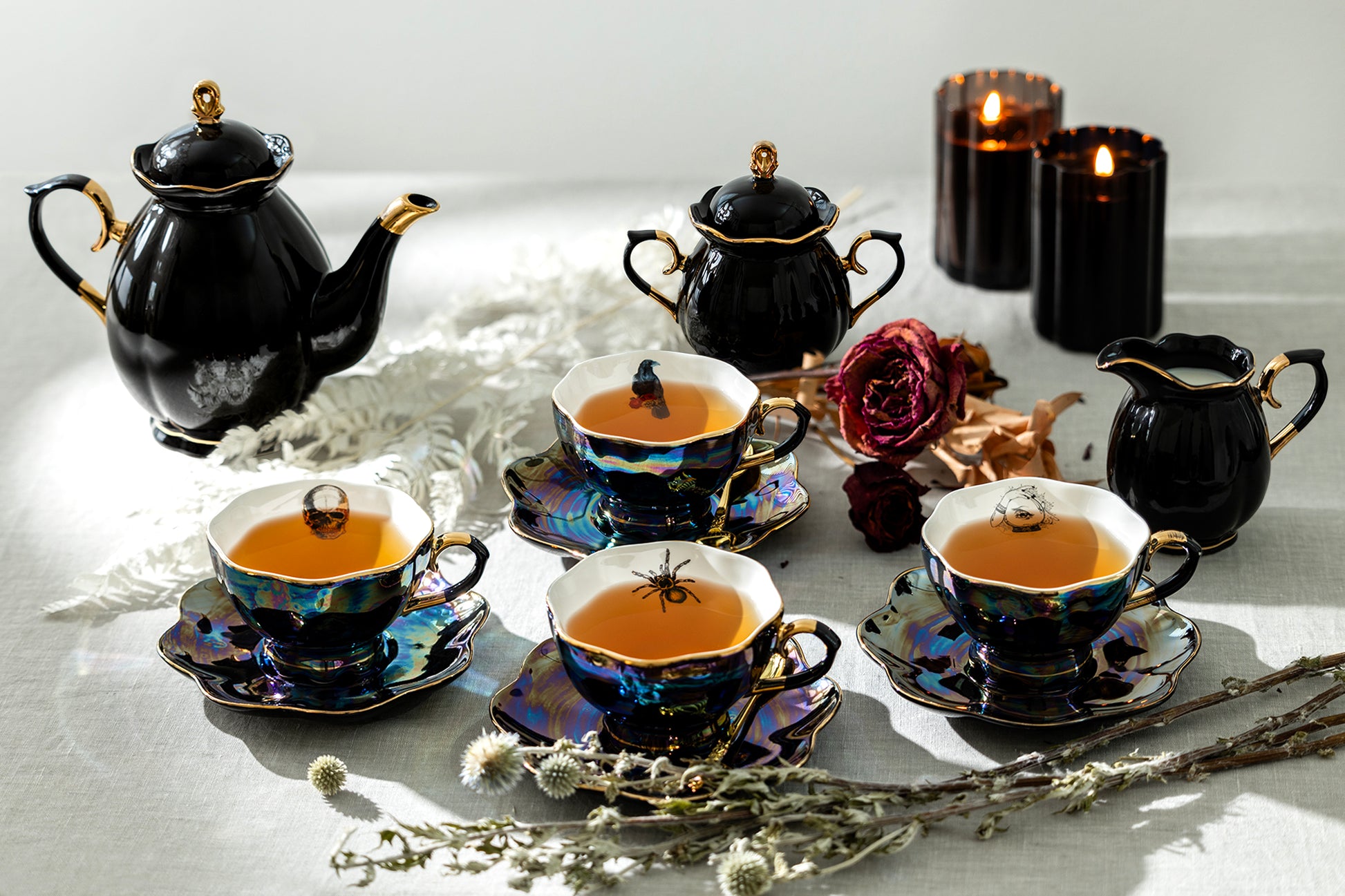 Grace Teaware Assorted Black Gold Luster Tea Cups and Saucers 11-Piece Tea Set, spider, skull, crow, witchy crystal ball tea cups