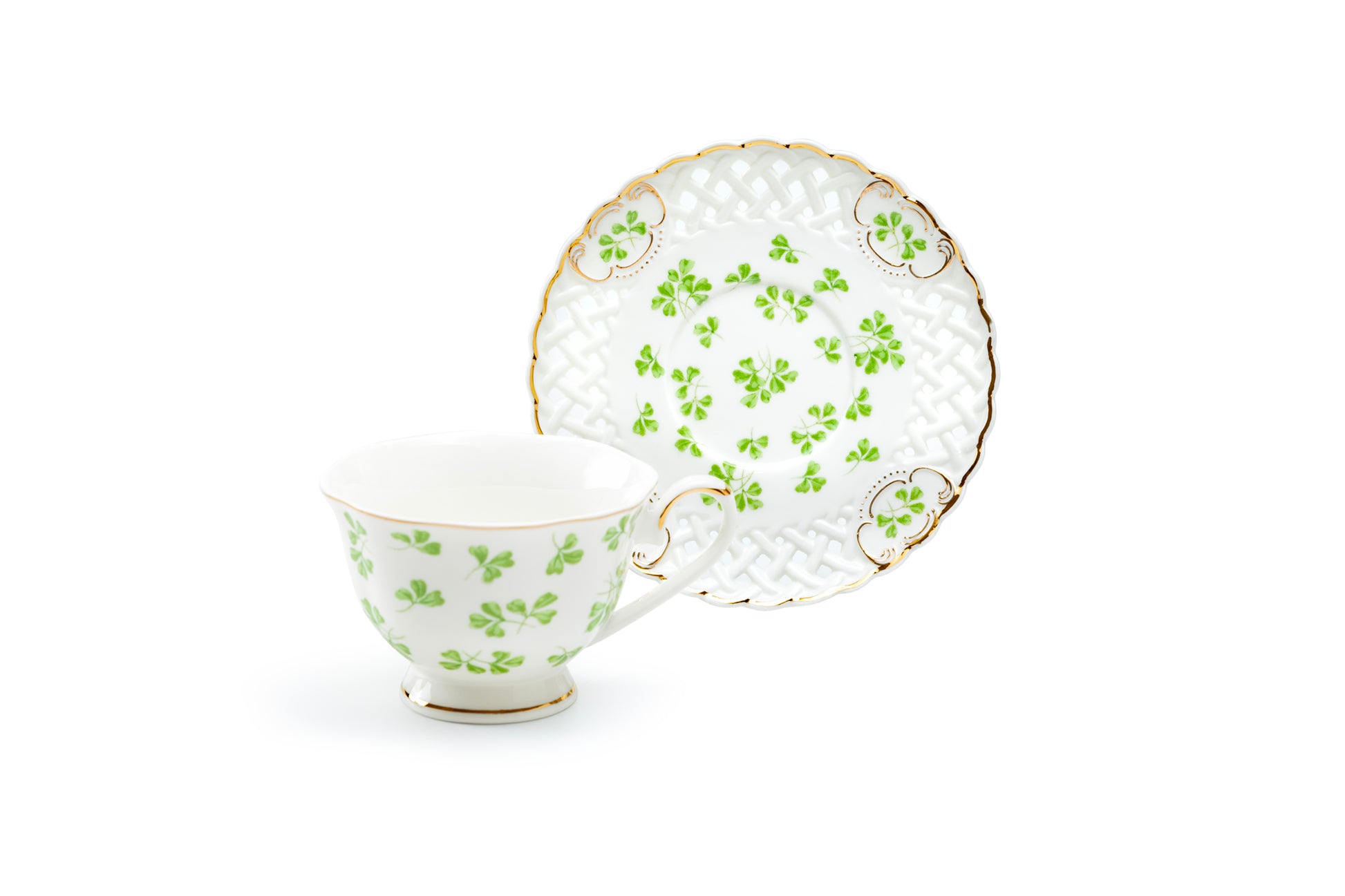 Grace Teaware St. Patrick's Day Shamrock Fine Porcelain Tea Cup and Saucer with Pierced Design and hand painted gold detailing