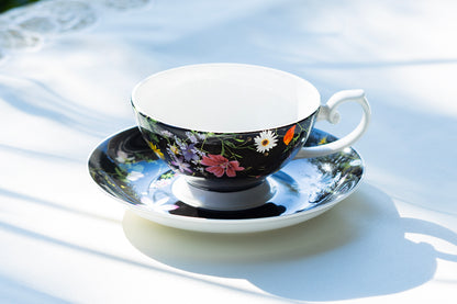 Stechcol Gracie Bone China Summer Meadow Black Bone China Cup and Saucer set of 1