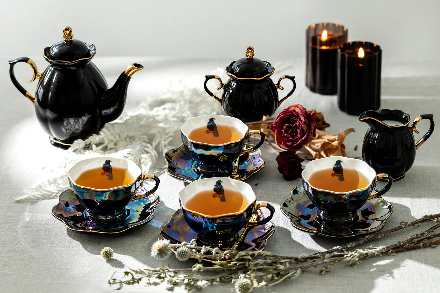 Grace Teaware Crow with Red Roses Black Gold Luster 11-Piece Tea Set, black gold scallop teapot sugar and creamer, 4 crow with red roses luster tea cup and saucer sets