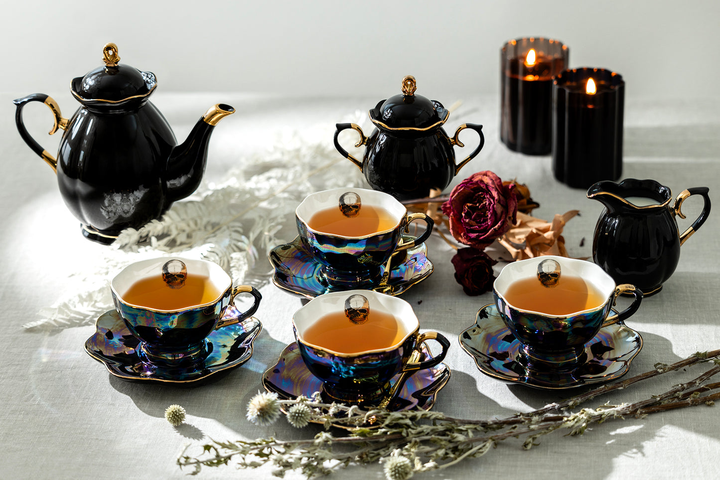 Grace Teaware Skull Black Gold Luster 11-Piece Tea Set, black gold scallop teapot sugar and creamer, 4 skull luster tea cup and saucer sets