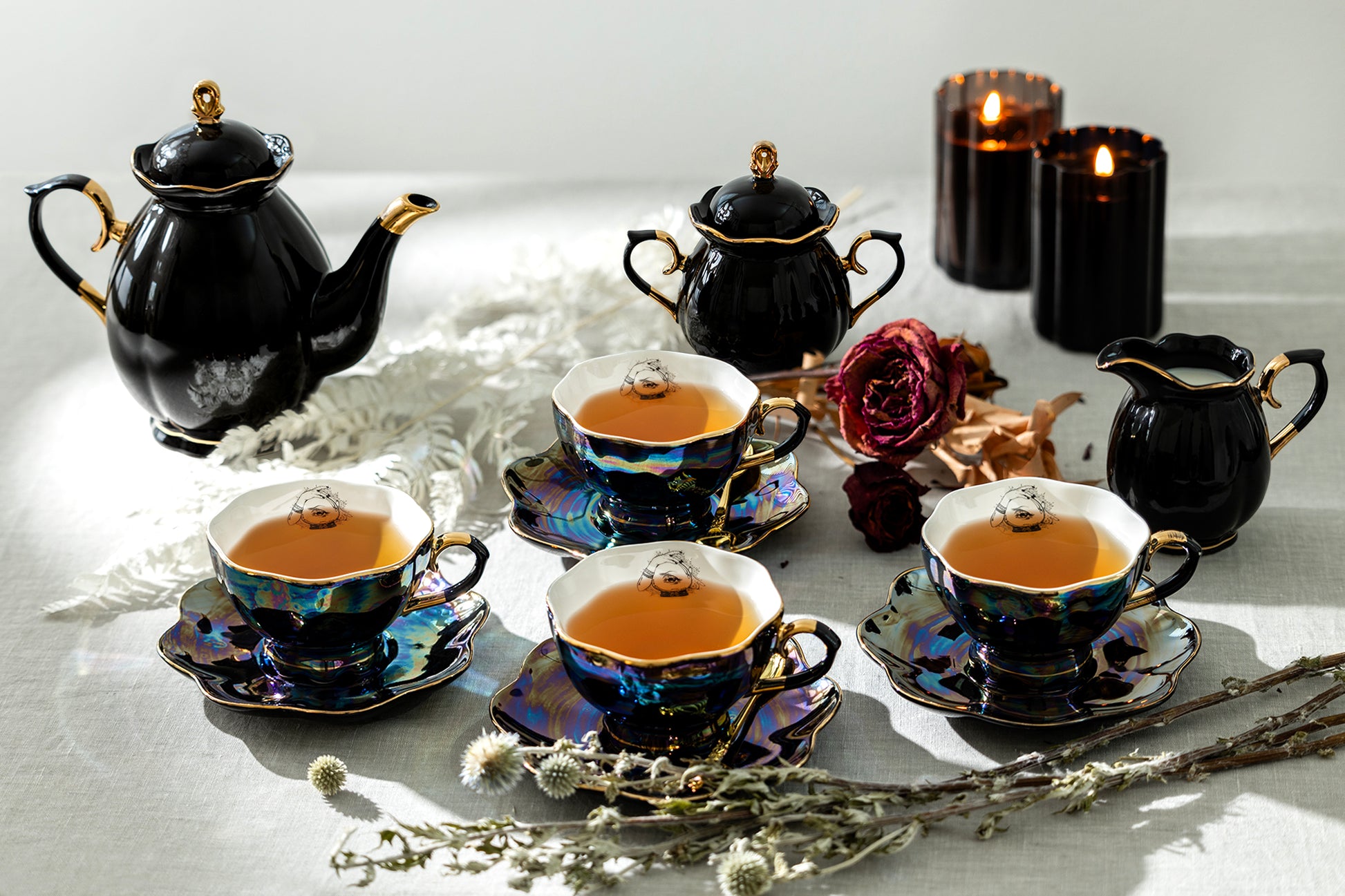 Grace Teaware Witchy Crystal Ball Evil Witch Eye Black Gold Luster 11-Piece Tea Set