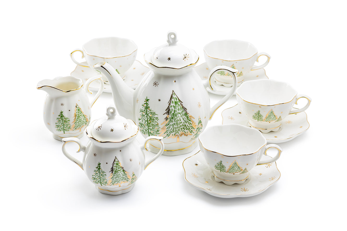 Grace Teaware Christmas Pine Trees Fine Porcelain Tea Set