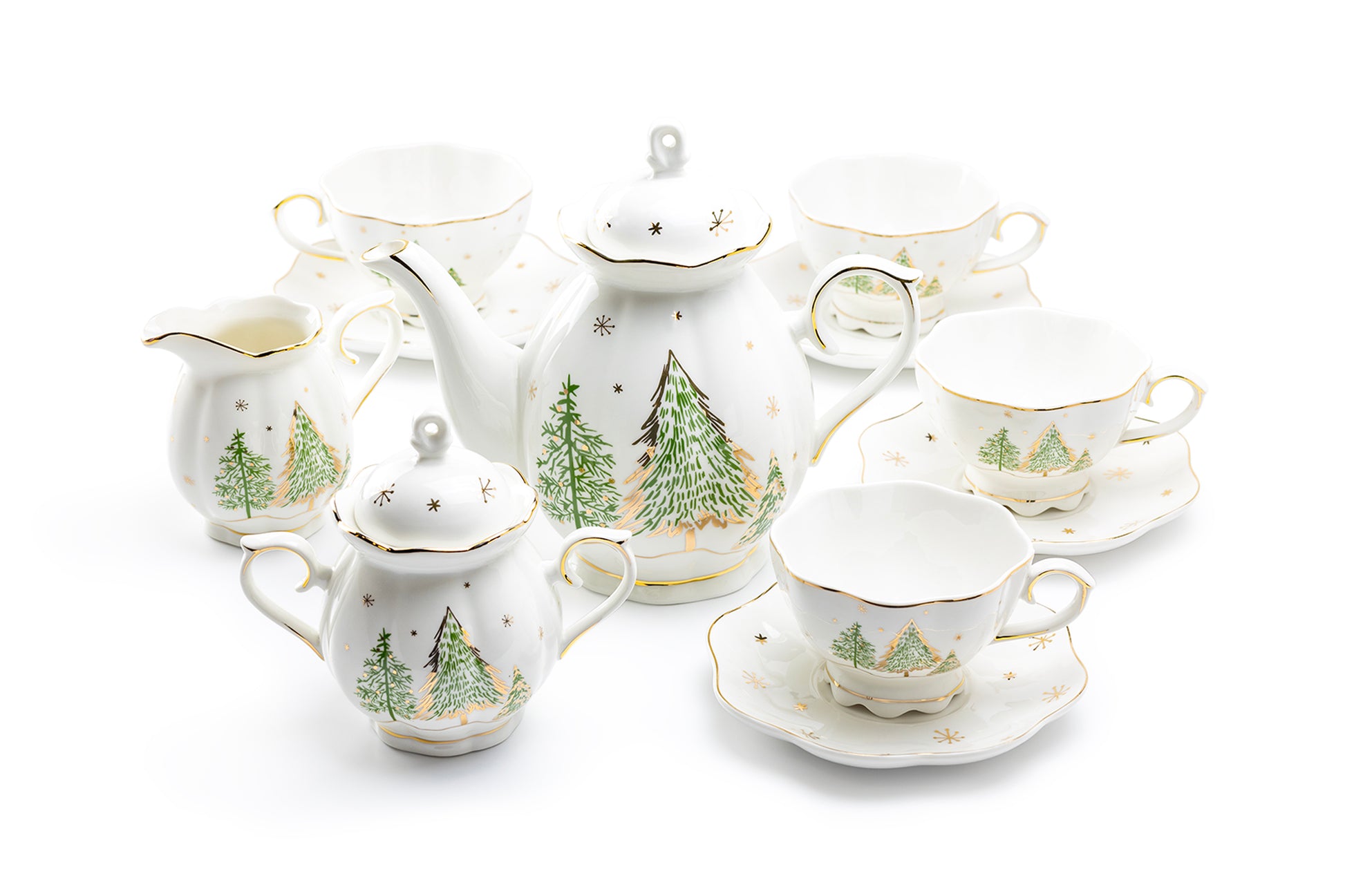 Grace Teaware Christmas Pine Trees Fine Porcelain Tea Set