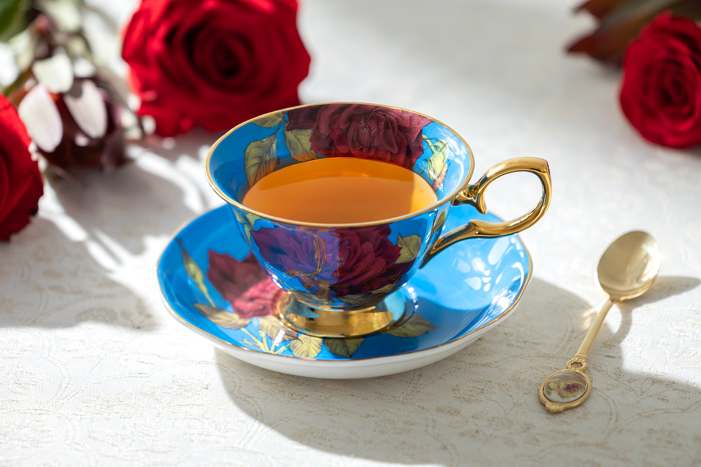 Stechcol Gracie Bone China Gold Blue Stem Rose Bone China Tea Cup and Saucer