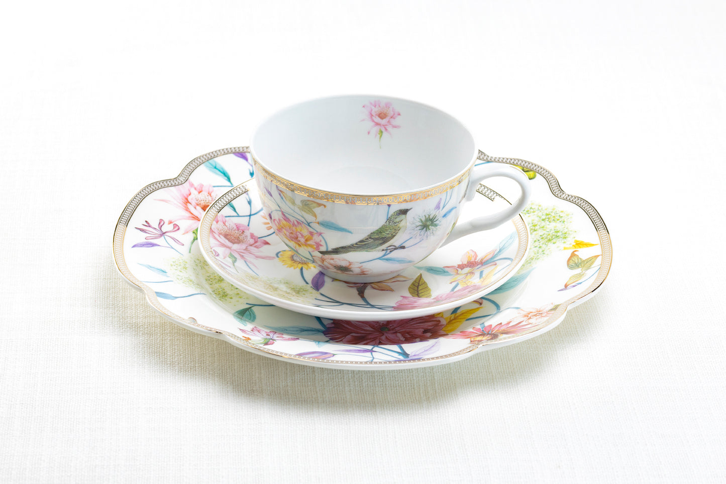Spring Flowers with Bird Fine Porcelain Latte Cup and Saucer