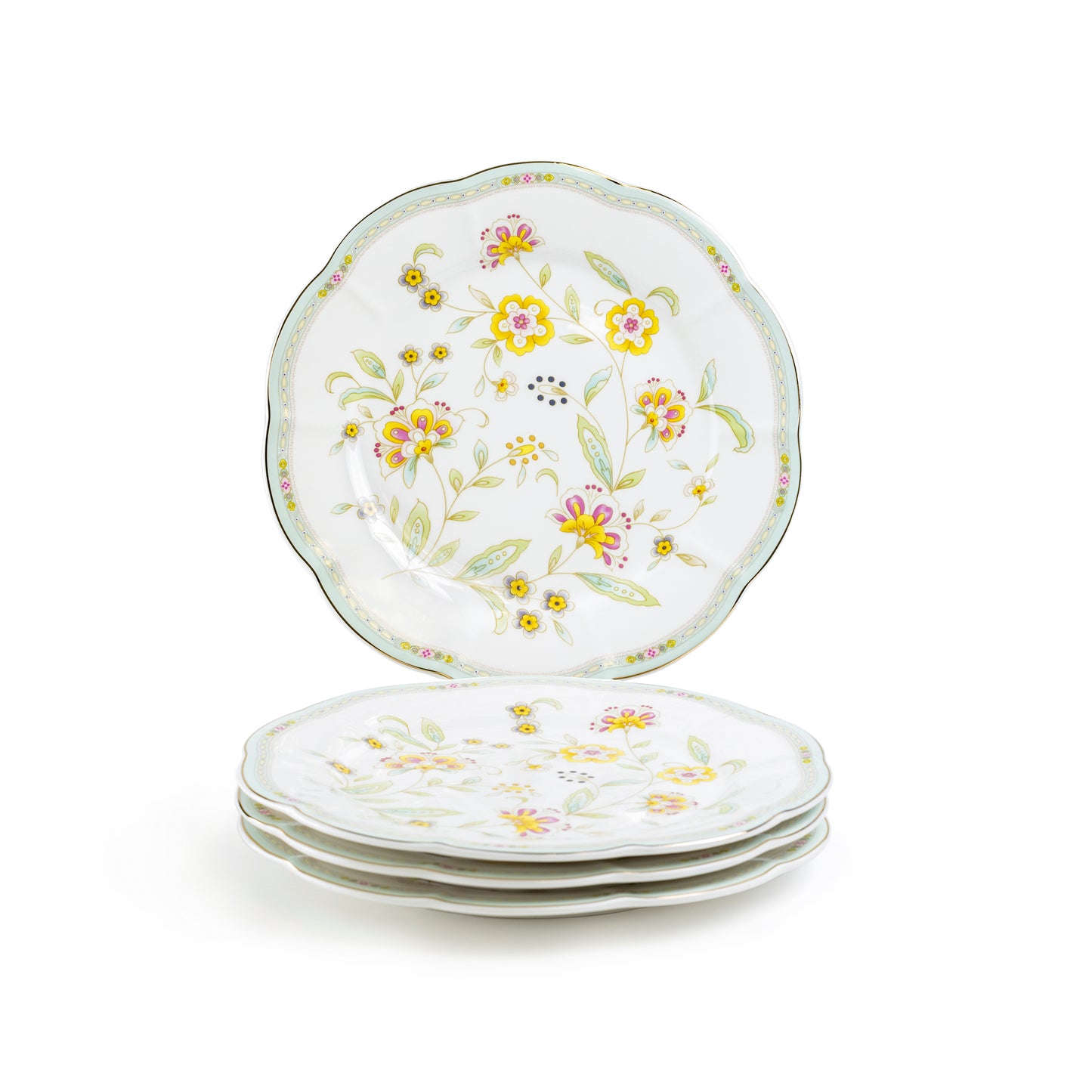 Yellow Corn Flowers with Mint Rim Fine Porcelain Dessert / Dinner Plate