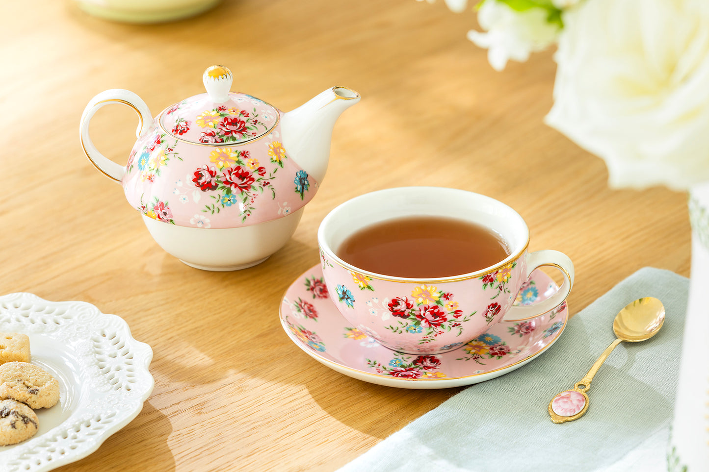 Pink Shabby Rose Fine Porcelain Tea For One Set