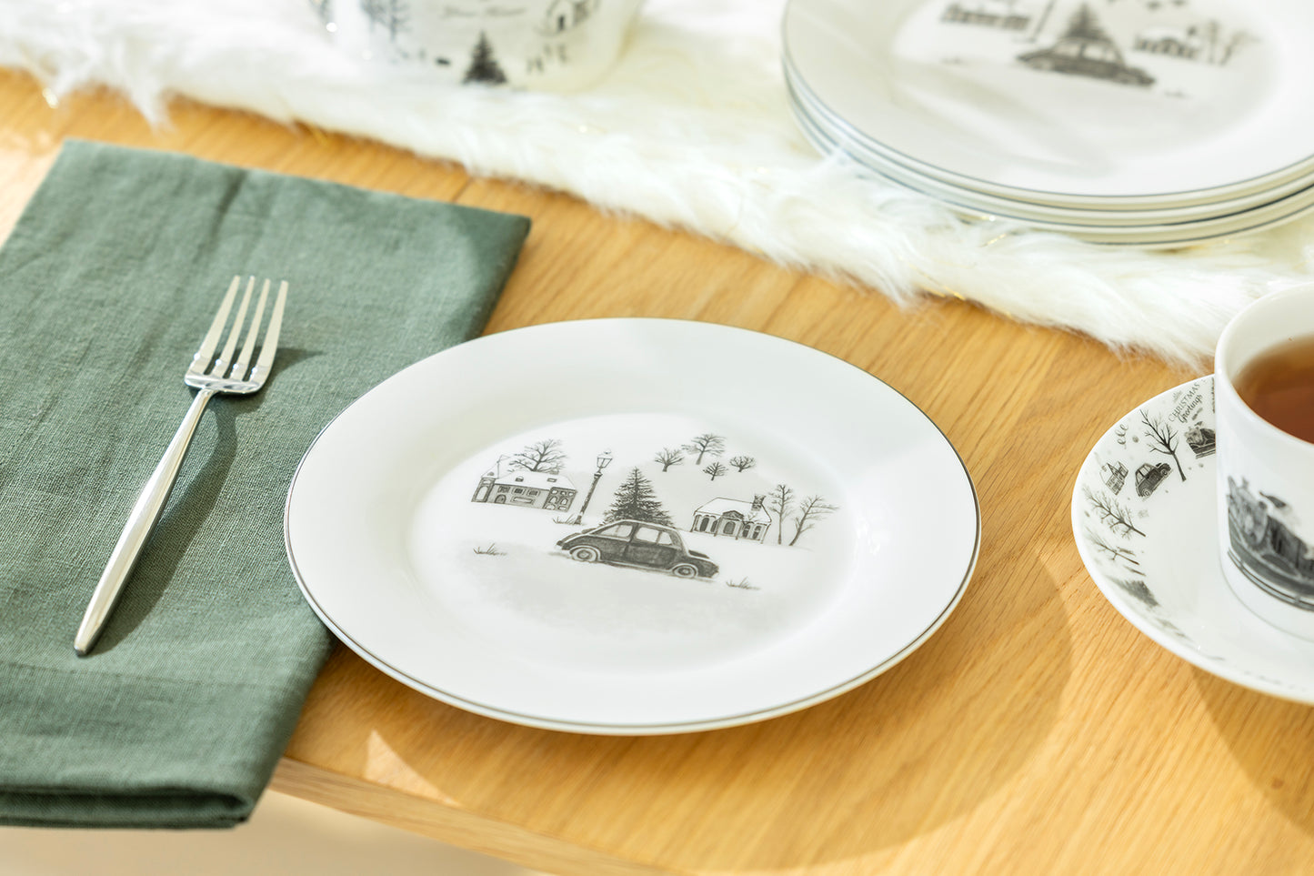 7.5" Winter Wonderland Christmas Tree Car Bone China Dessert Plate