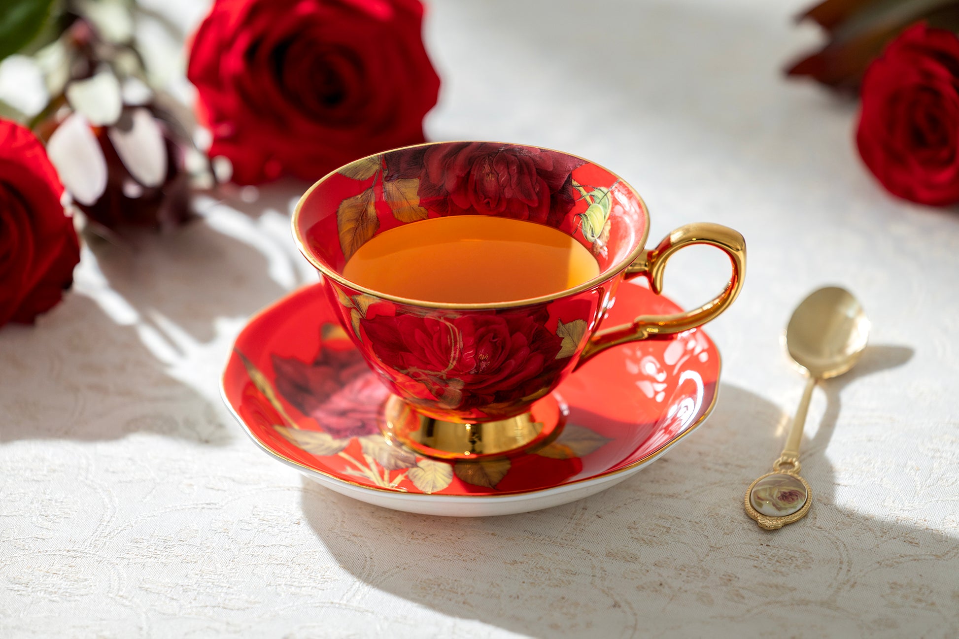 Gracie Bone China Gold Red Stem Rose Bone China Tea Cup and Saucer