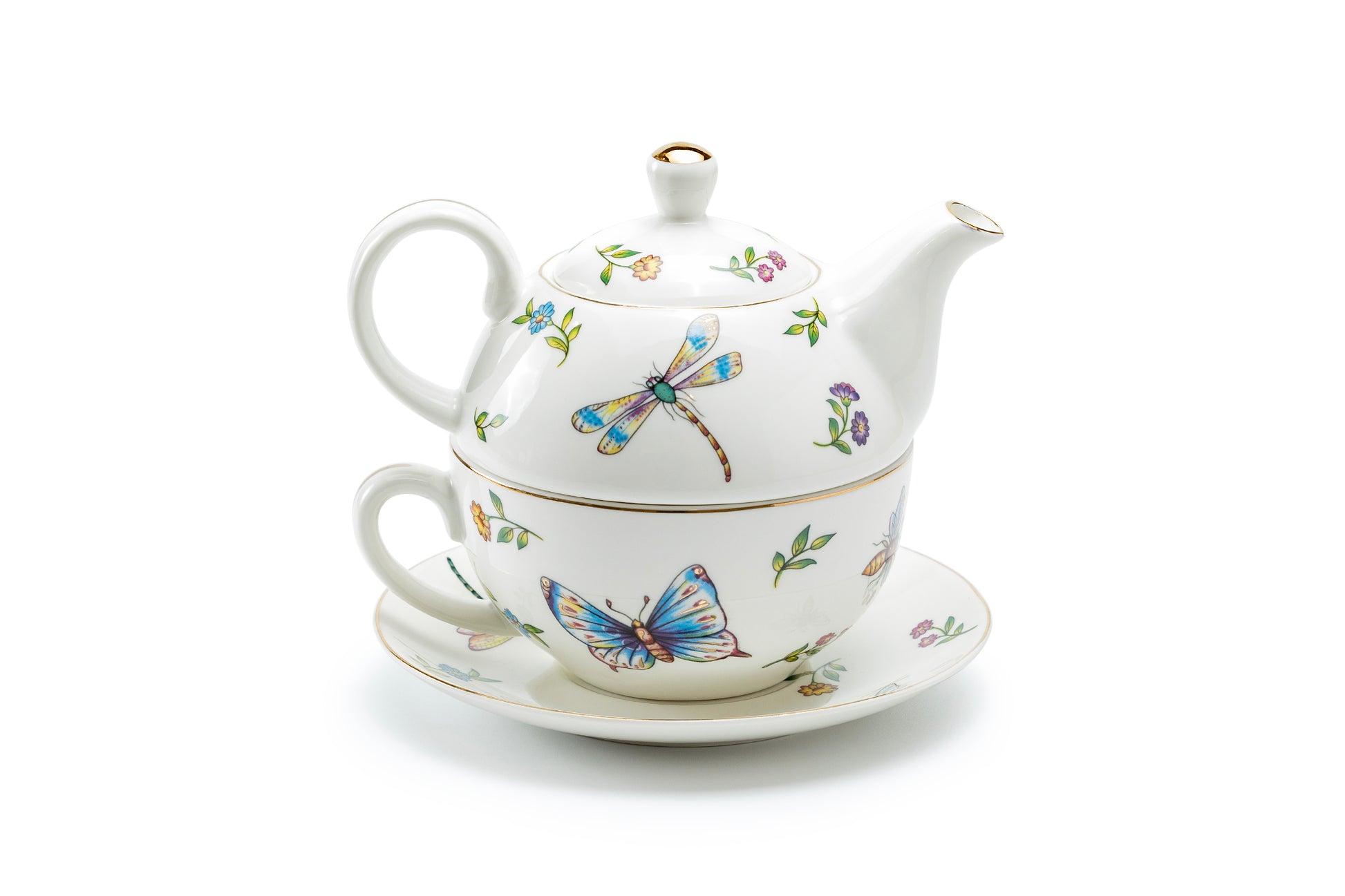 Grace Teaware Summer Garden Butterfly Dragonfly Fine Porcelain Tea For One Set