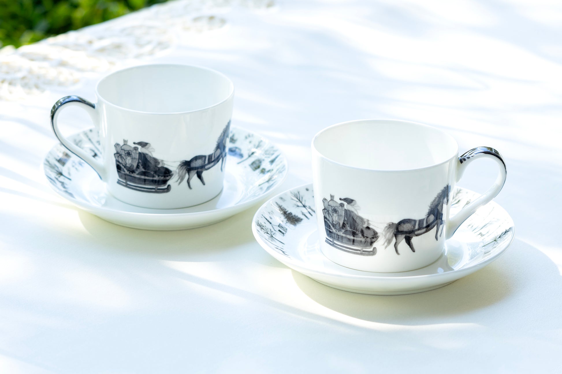 Stechcol Gracie Bone China Winter Wonderland Santa Carriage Bone China Tea Cup and Saucer set of 2
