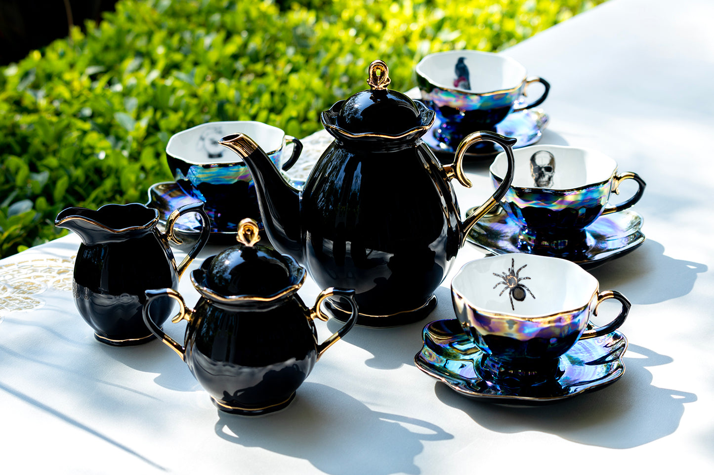 Grace Teaware Assorted Black Gold Luster Tea Cups and Saucers 11-Piece Tea Set, spider, skull, crow, witchy crystal ball tea cups