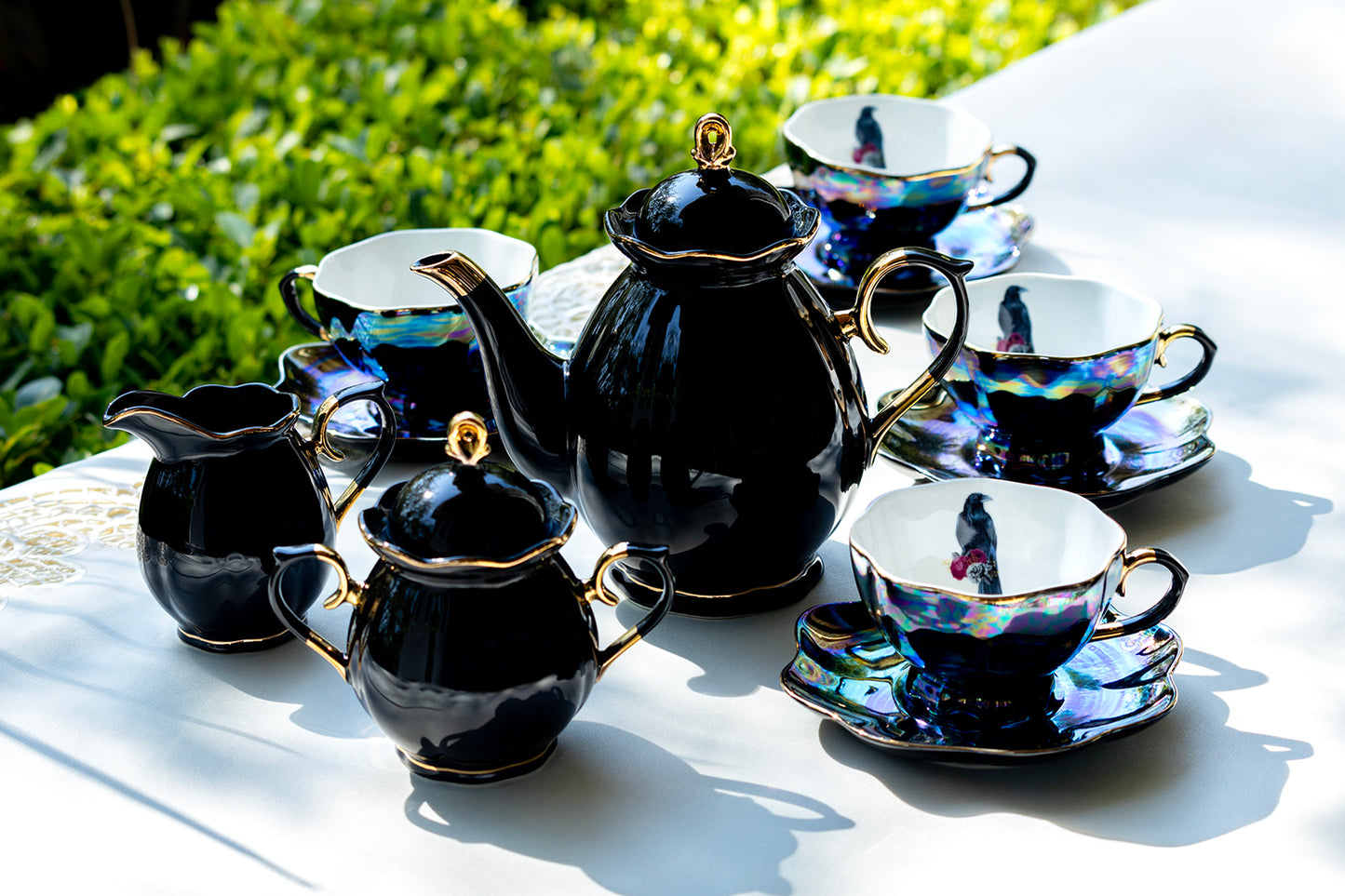 Grace Teaware Crow with Red Roses Black Gold Luster 11-Piece Tea Set, black gold scallop teapot sugar and creamer, 4 crow with red roses luster tea cup and saucer sets