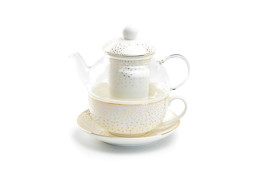 Gold Dots Glass and Fine Porcelain Tea For One Set x206