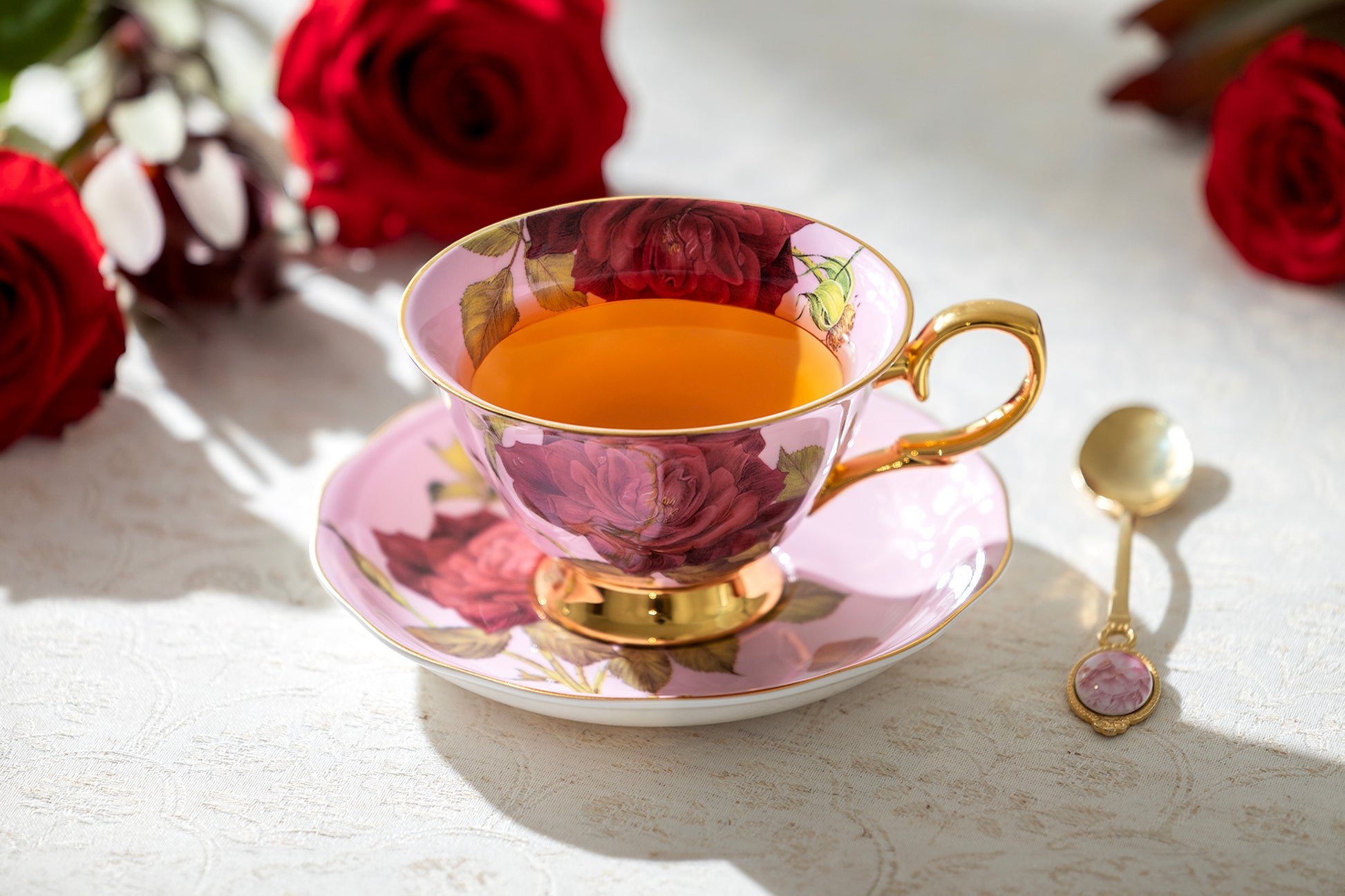 Gracie Bone China Gold Pink Stem Rose Bone China Tea Cup and Saucer