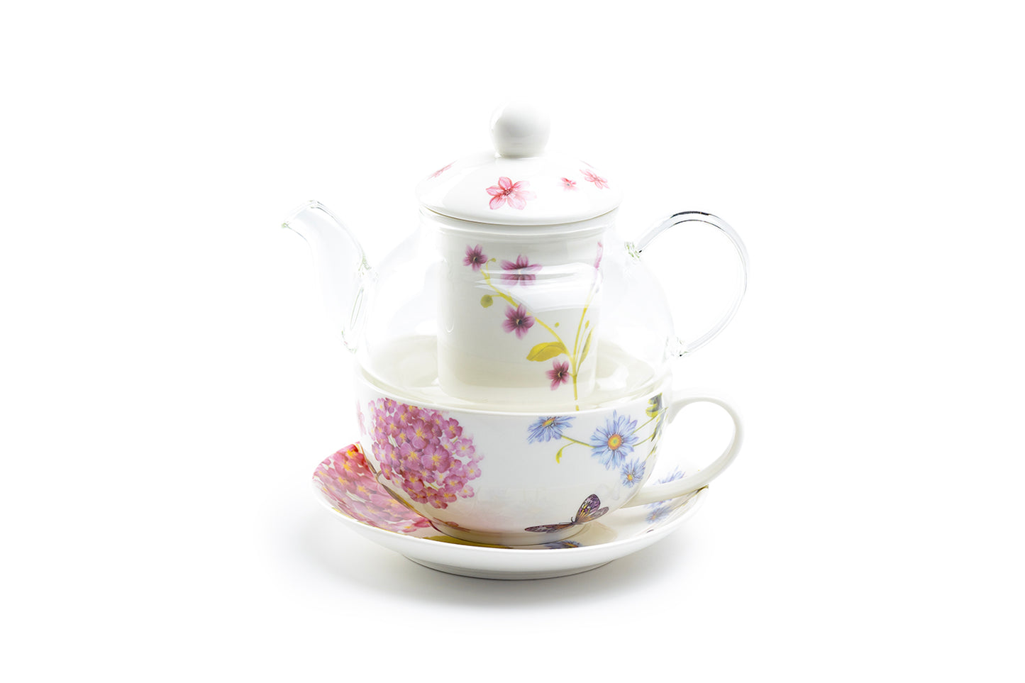Grace Teaware Hydrangea with Butterflies Glass Fine Porcelain Tea For One Set
