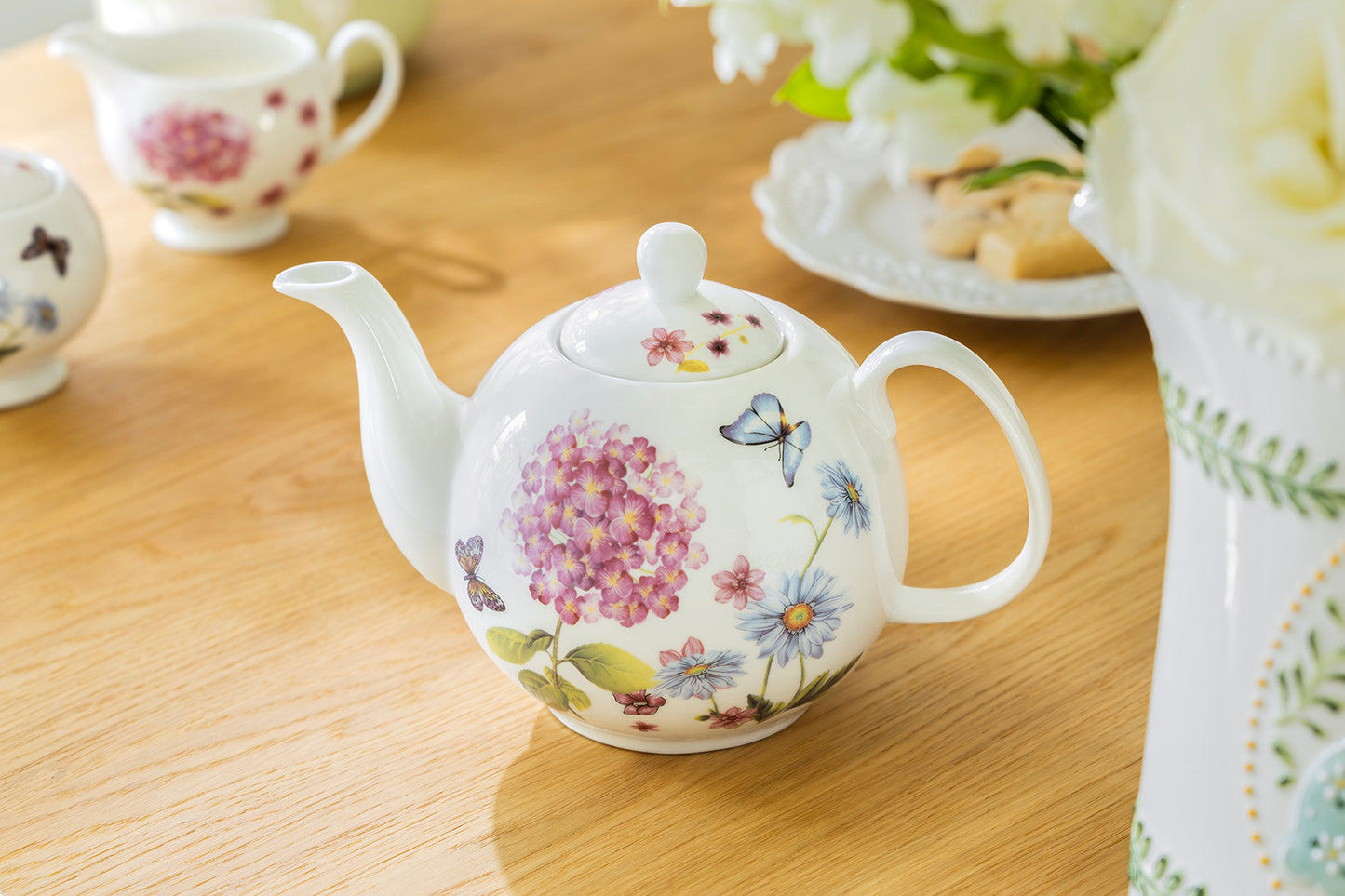 Hydrangea with Butterflies Fine Porcelain Teapot