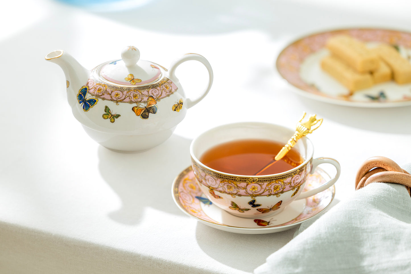 Grace Teaware Butterflies with Pink Ornament Fine Porcelain Tea For One Set