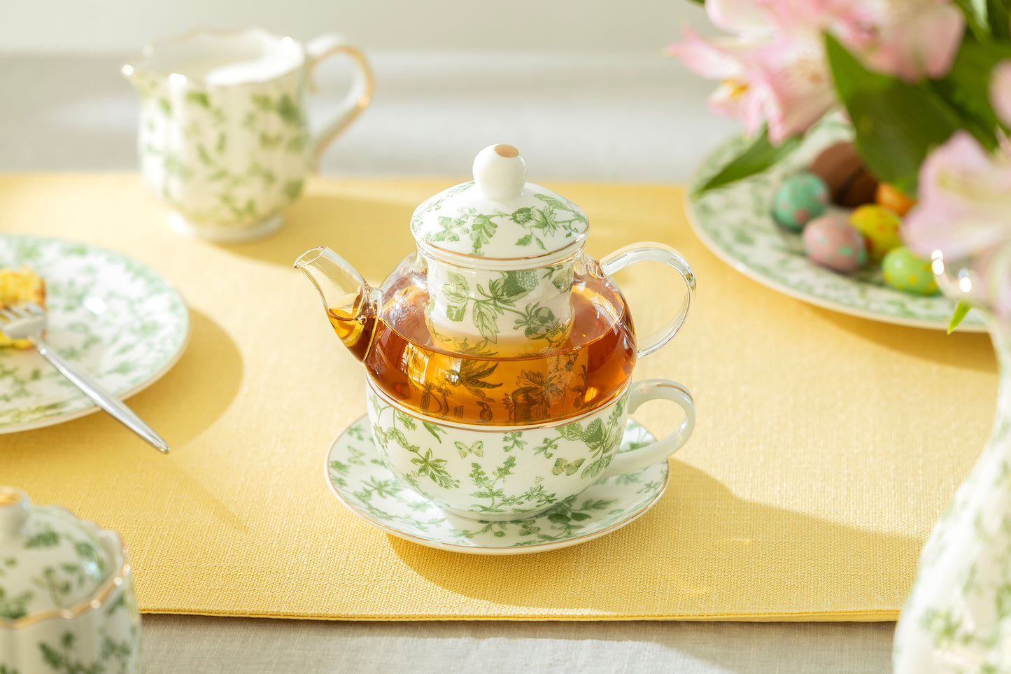 Greeny Garden Glass and Fine Porcelain Tea For One Set