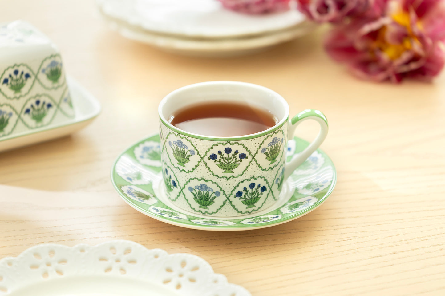 Green Bouquet Medallion Fine Porcelain Cup and Saucer