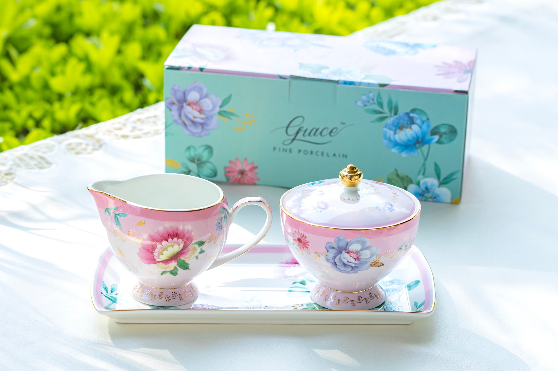 Grace Teaware Gift Boxed Pink Flower Garden Fine Porcelain Sugar Creamer & Serving Tray Set