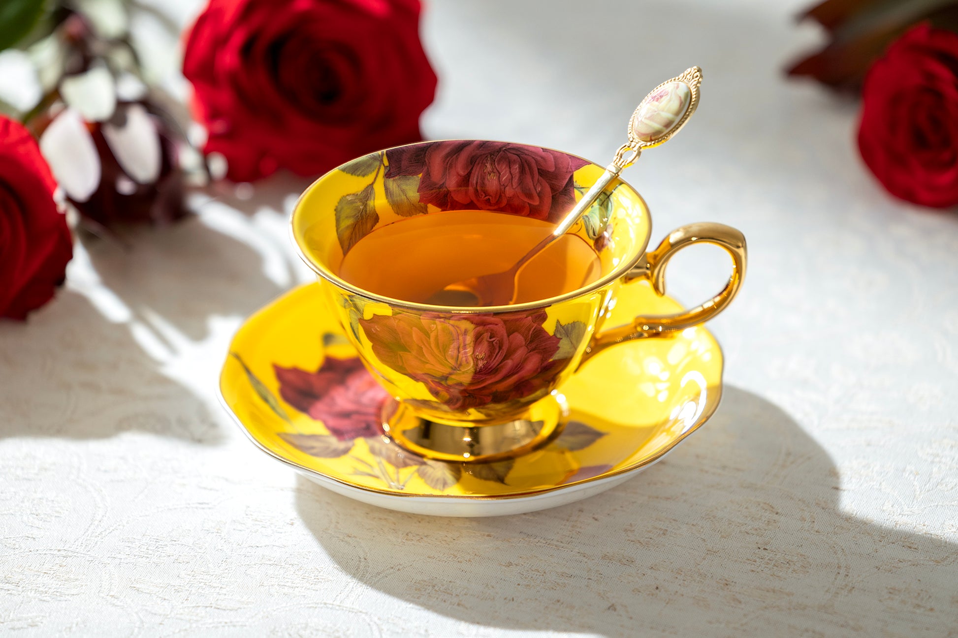 Gracie Bone China Gold Yellow Stem Rose Bone China Tea Cup and Saucer