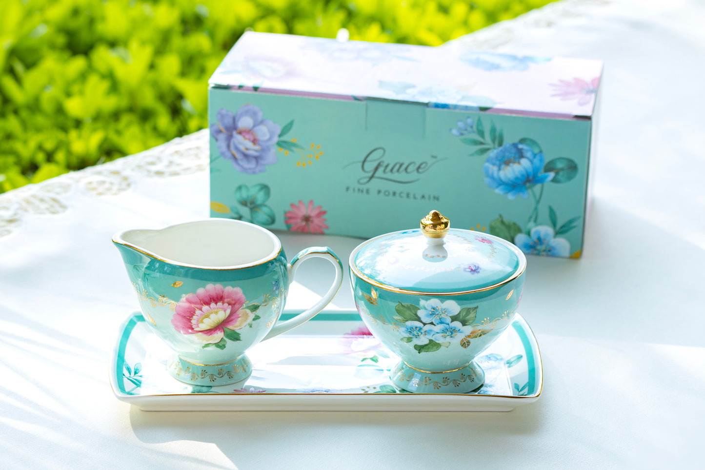 Grace Teaware Gift Boxed Mint Flower Garden Fine Porcelain Sugar Creamer & Serving Tray Set