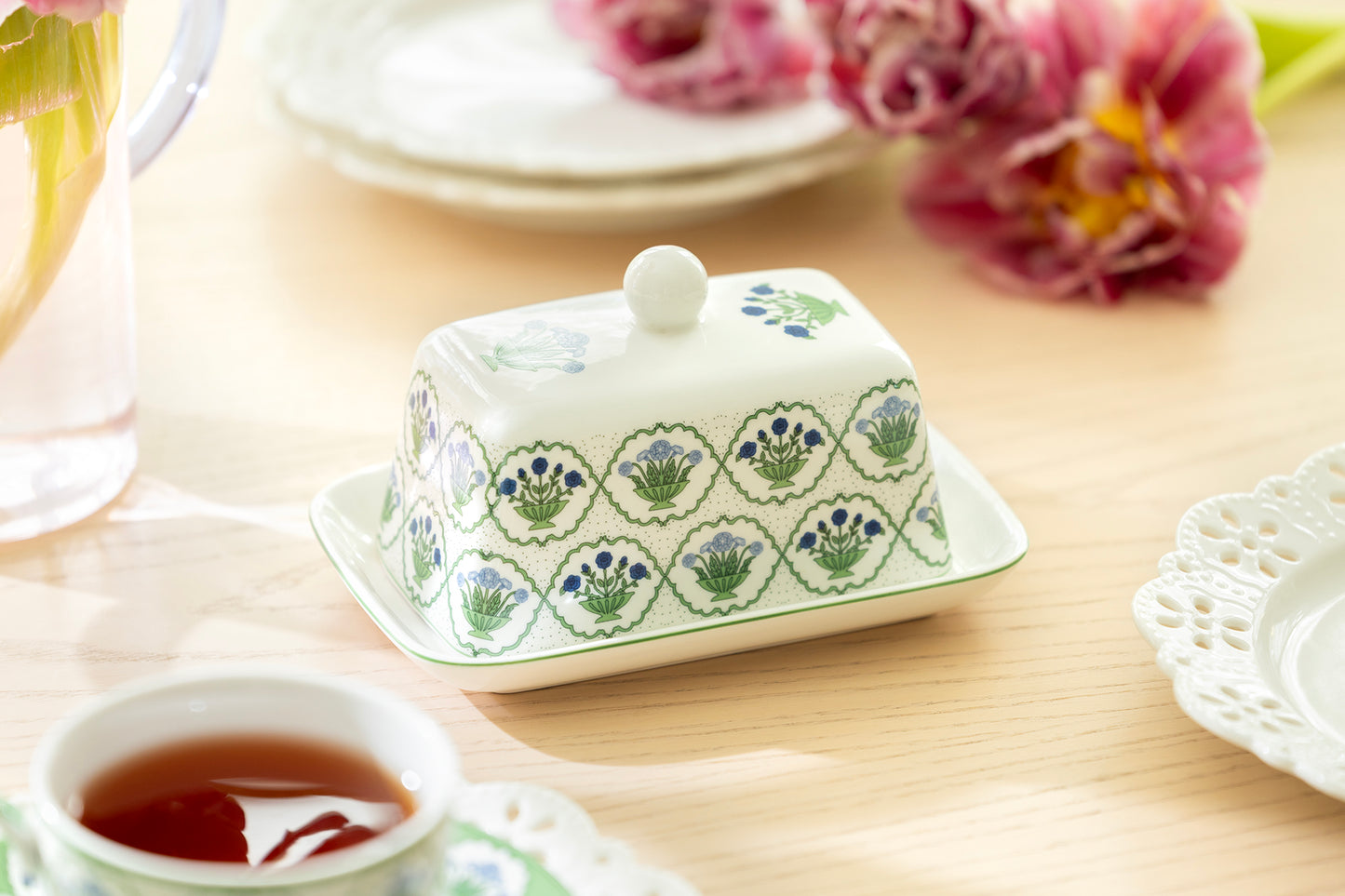 Green Bouquet Medallion Fine Porcelain Butter Dish