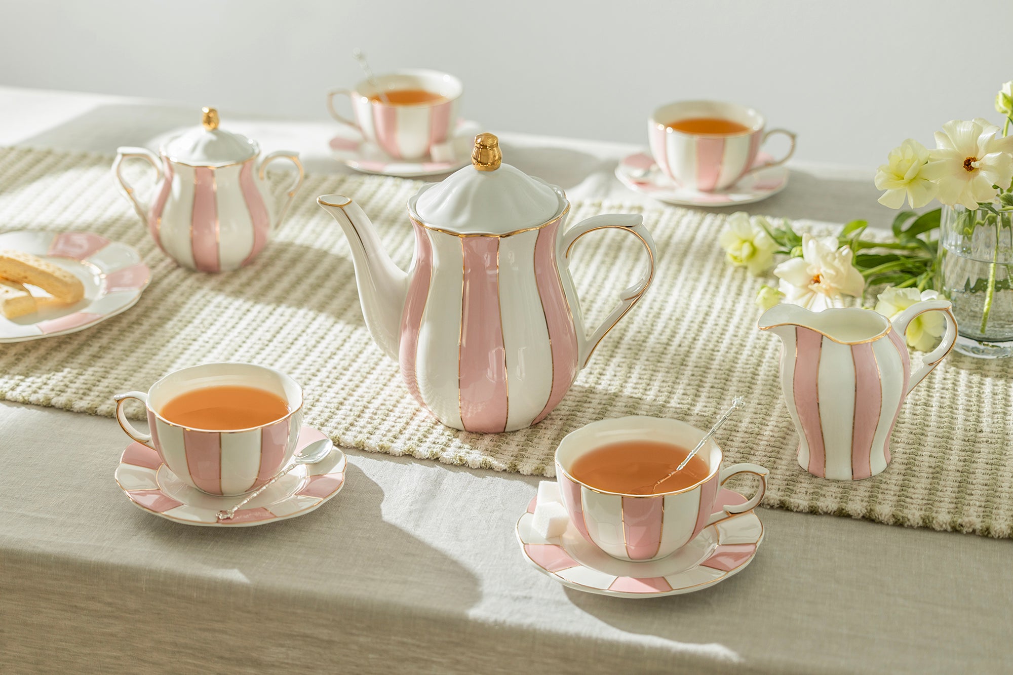 Vintage Tea retailer Set, tableware Porcelain Set cups and teapot, Farmhouse style Set Tableware, white Teapot and cups, light pink set, Retro style