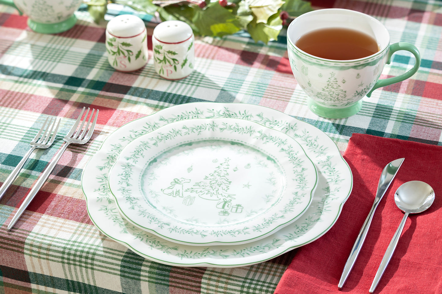 Festive Pup and Tree Fine Porcelain Dessert/Dinner Plate