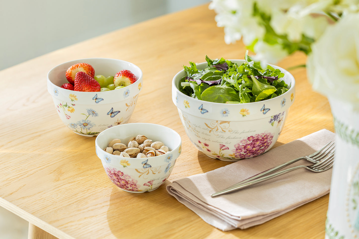 Hydrangea with Butterflies 3-Piece Bowl Set