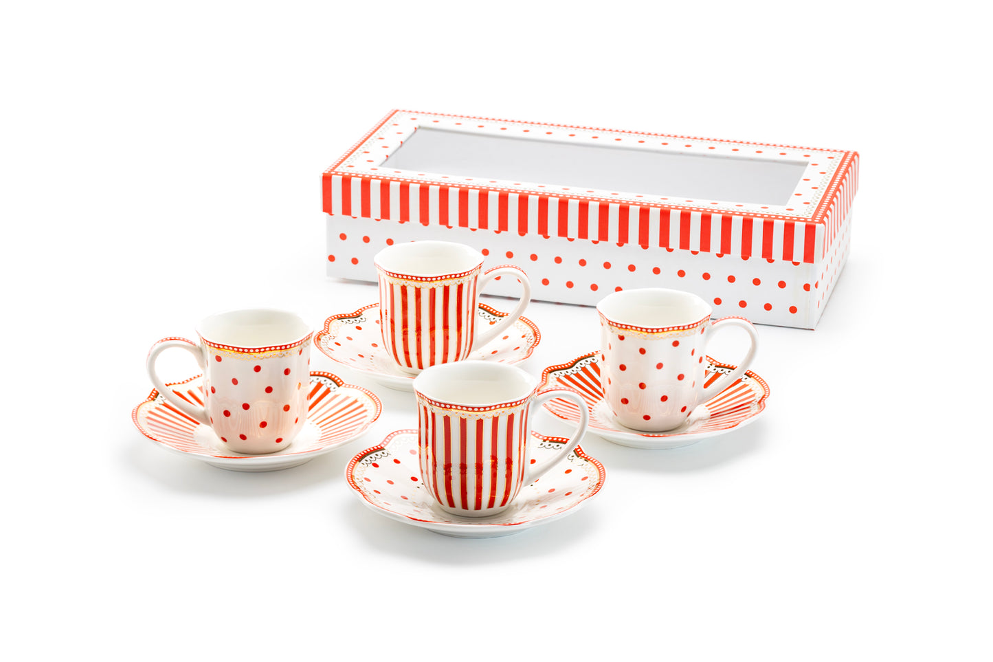 Grace Teaware Gift Boxed Red Josephine Stripes and Dots 3oz Espresso Cups and Saucers