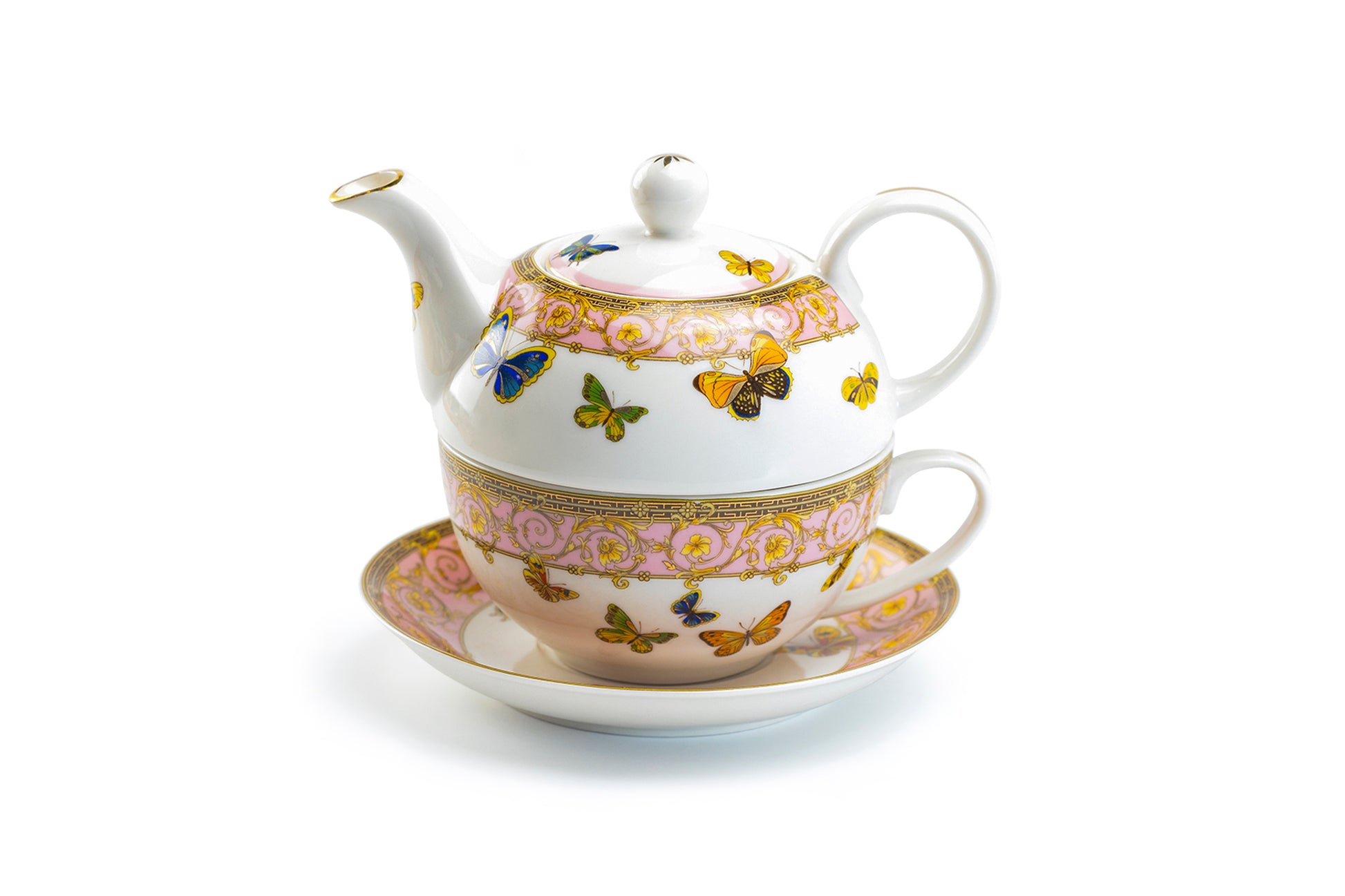 Grace Teaware Butterflies with Pink Ornament Fine Porcelain Tea For One